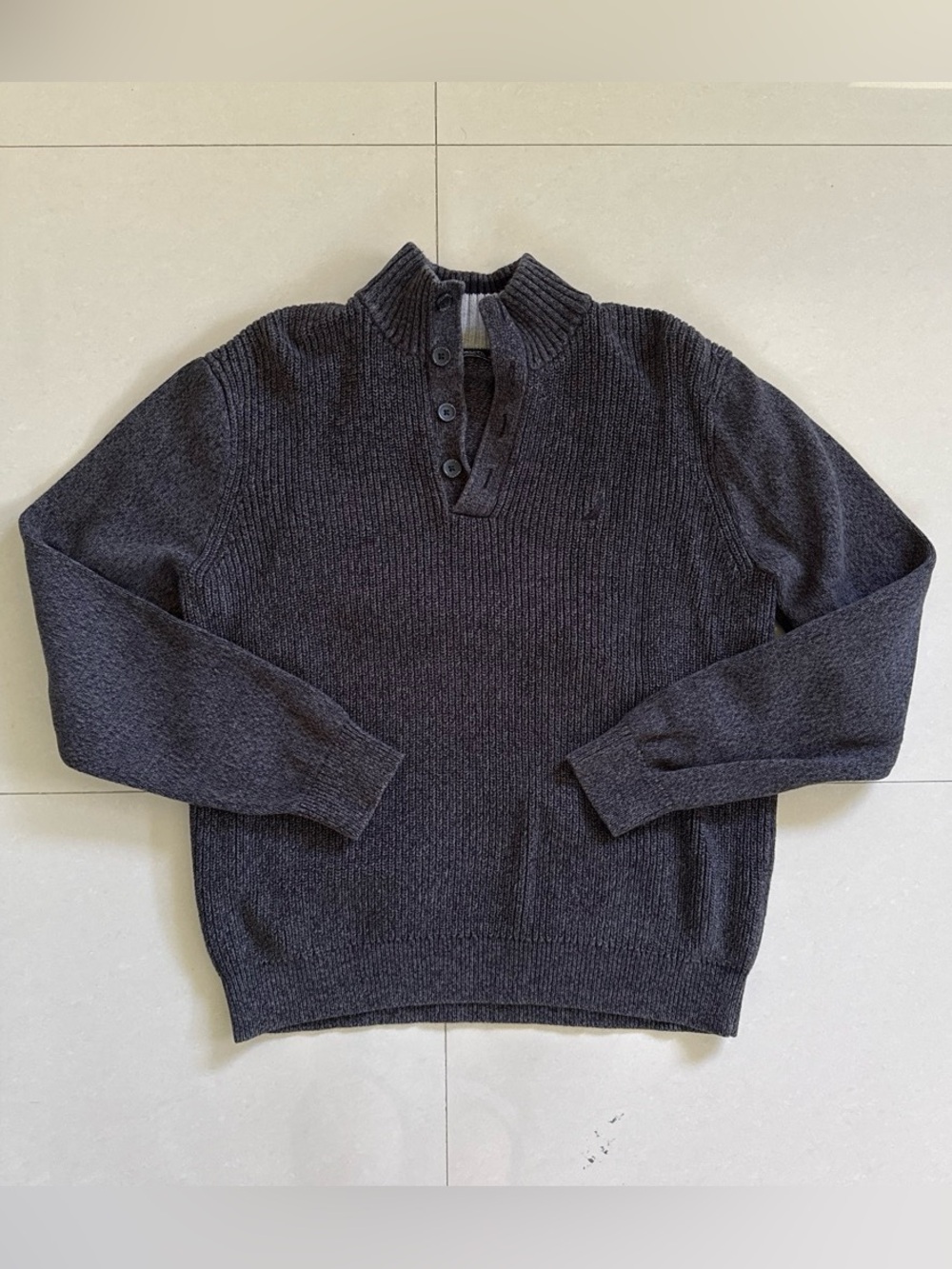 Nautica Men's Charcoal Button Mock-Turtleneck Knit Sweater 100% Cotton